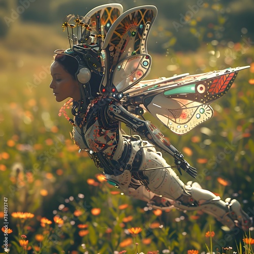 Robotic Butterfly Maiden Soaring Through Enchanting Wildflower Field