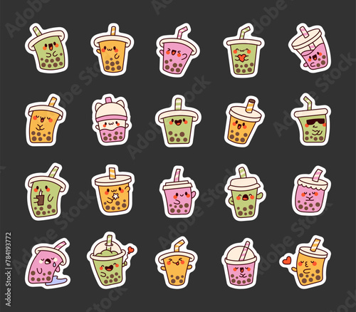 Cute kawaii bubble tea. Sticker Bookmark. Milk cocktail with tapioca pearls. Boba drink cartoon characters. Hand drawn style. Vector drawing. Collection of design elements.