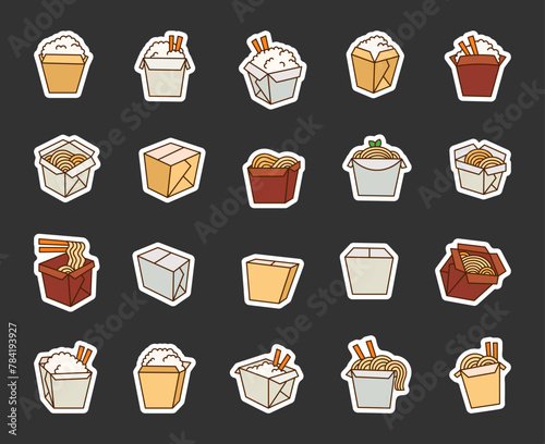 Wok box with Asian food. Sticker Bookmark. Noodle and rice. Hand drawn style. Vector drawing. Collection of design elements.