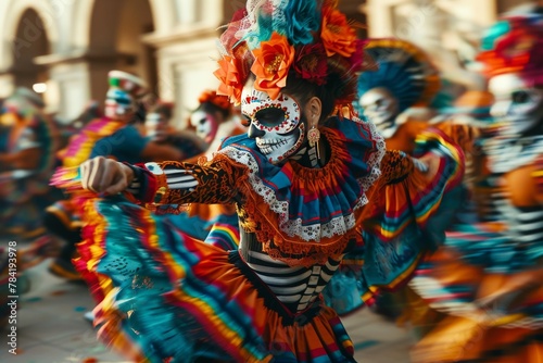 Dynamic shot of dancers in sugar skull makeup performing at a Day of the Dead festival, with a focus on movement and cultural expression