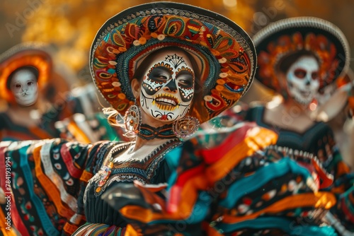 dancers in sugar skull makeup performing at a Day of the Dead festival