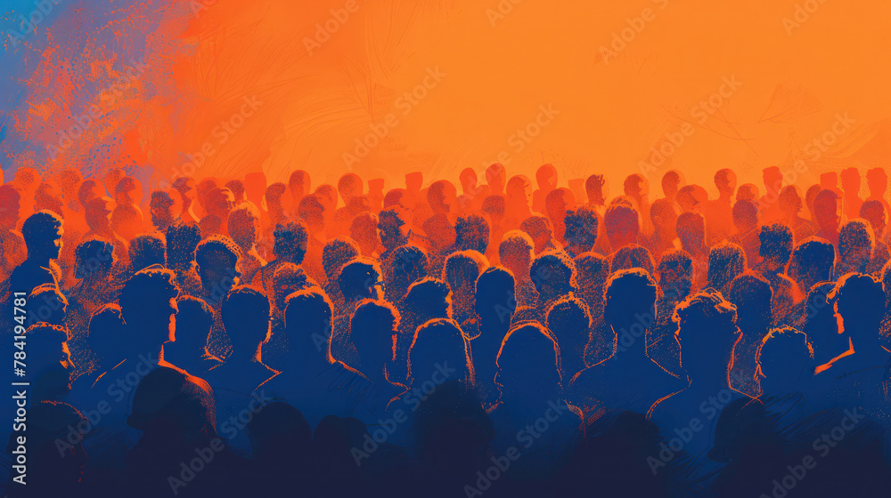 Large Group of People Standing in Front of Orange and Blue Background