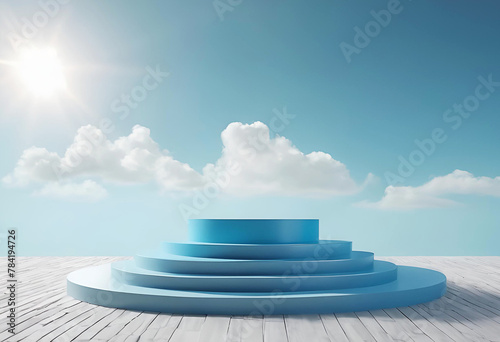 Empty showcase for packaging product presentation. Background for cosmetic products. Mock up pedestal, adorned with soft clouds Winter Landscape 