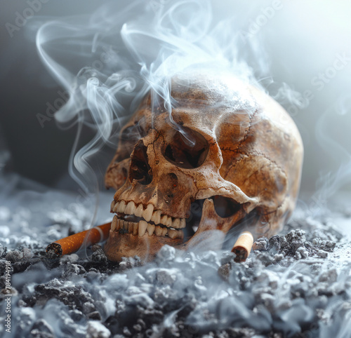Skull Smoking a Cigarette on a Bed of Smoke