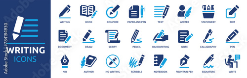 Writing icon set. Containing pen, write, pencil, note, edit, writer, document, nib, text and more. Solid vector icons collection.