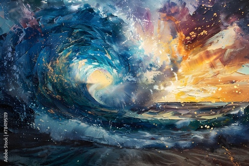 A painting of a wave crashing on a beach with a sunset in the background. The mood of the painting is serene and calming, as the waves and sunset create a peaceful atmosphere