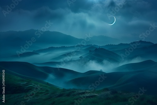 Enchanting Moonlit Landscape:Ethereal Hills Bathed in Soft Lunar Glow,Shimmering Crescent Moon,and Swirling Mist