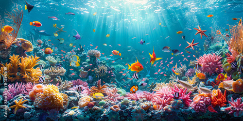 underwater sea with clear blue water with sunlight, coral reef teeming with colorful fish and starfish, showcasing the beauty of marine life. 