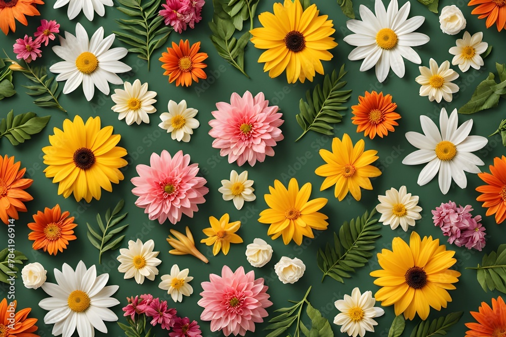 A vibrant mix of fresh, blooming flowers and leaves on a teal background, perfect for spring or nature themes. generative ai