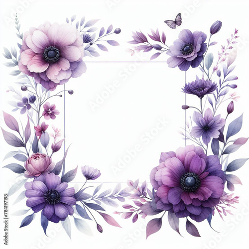 Watercolor spring purple flower frame borderline background to decoration for wedding  birthday  card  invitation  greeting card