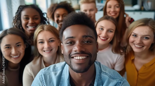 Happy, diverse people taking a group selfie portrait in the office, celebrating multicultural teamwork together, a concept of happy lifestyle.