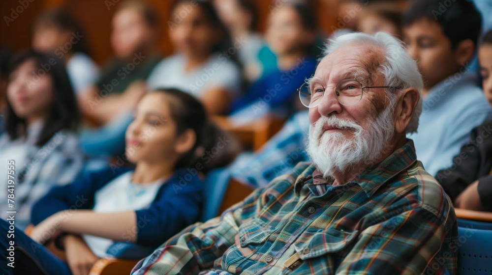Elderly Caucasian Man Attending a Seminar with Diverse Audience