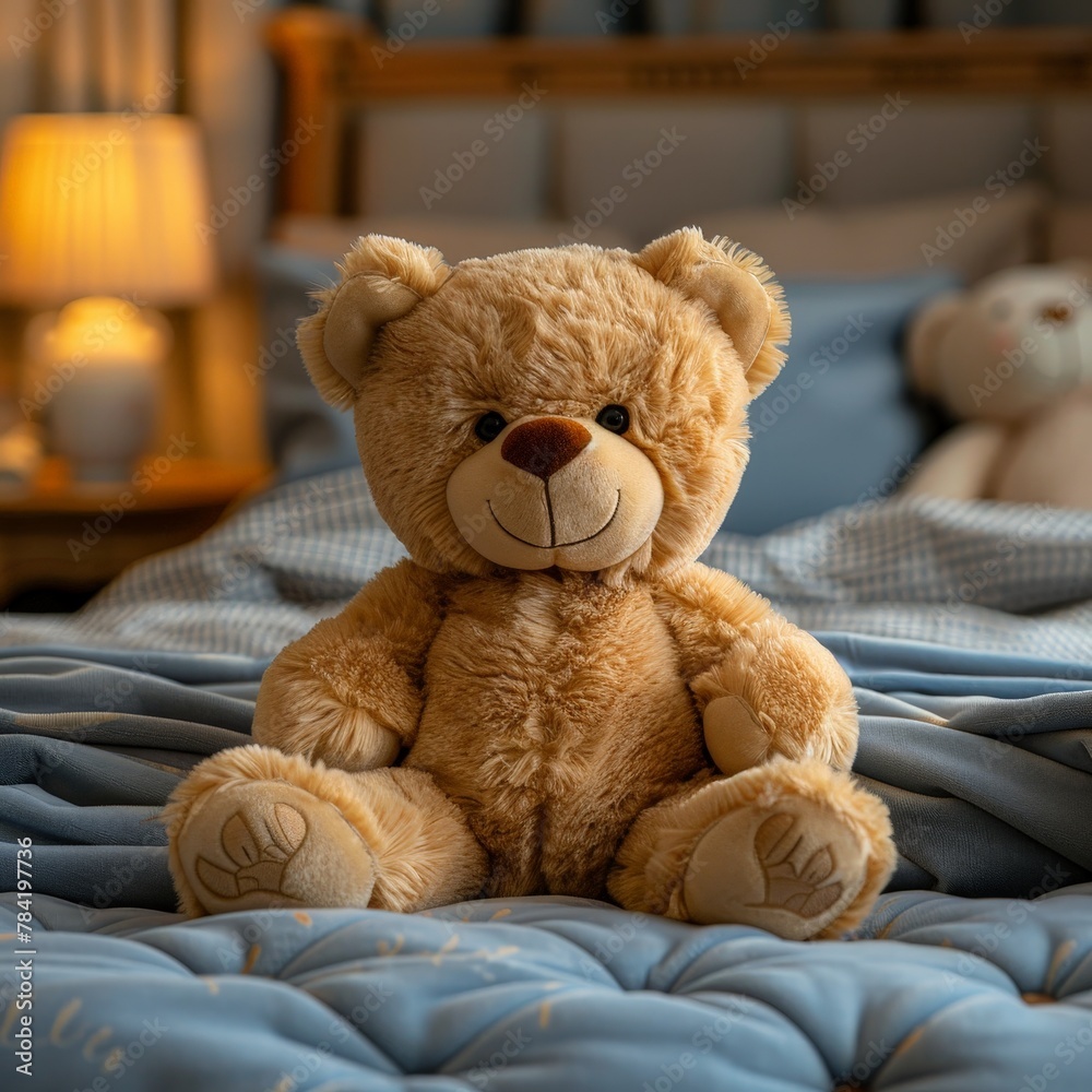 Soft Teddy Bear on a Child's Bed with Warm Background