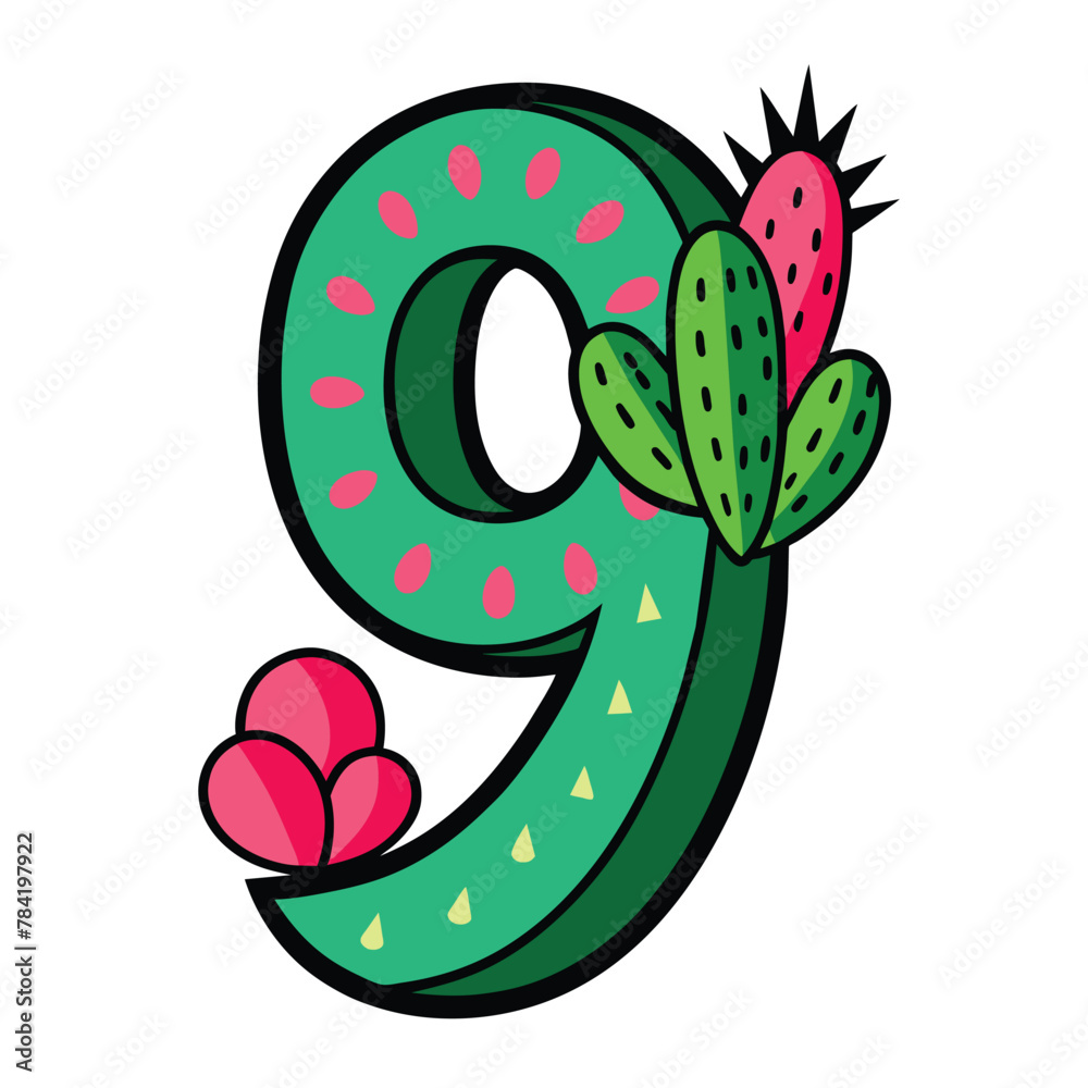 Naklejka premium cactus Alphabet number letter 9 vector on isolated white background