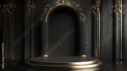 luxury black background with product display platform. Empty studio with circle podium pedestal on a black backdrop. 3D rendering