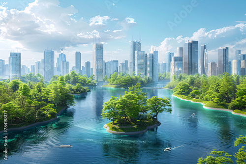 Urban River Serenity  City skyline and park architecture blend harmoniously alongside a tranquil river  offering a serene view of skyscrapers and lush greenery in the heart