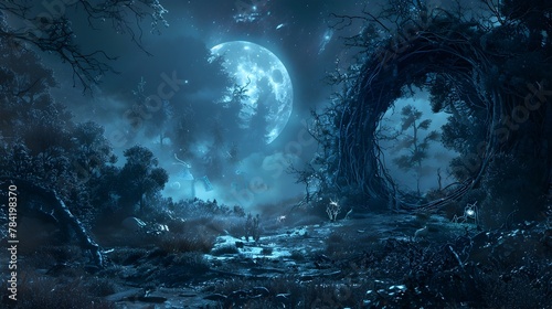 Mystical Portal Unveiling a Fantastical Realm in Moonlit Forest Landscape