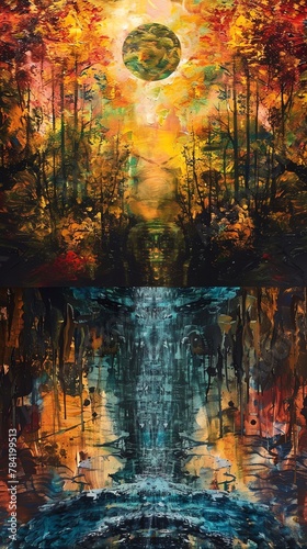 Capture the essence with an eye-level angle of a vibrant abstract art piece set against a serene forest backdrop, conveying harmony between nature and creativity Utilize unexpected camera angles for a © Samaphon