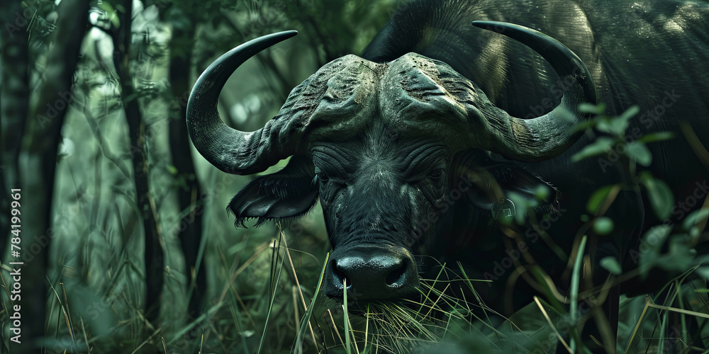a buffalo with large horns eating grass in the forest, generative AI