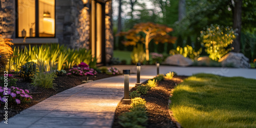 outdoor home with three LED landscape lights in The garden has neatly arranged greenery and small flowers, creating a peaceful atmosphere. Eco friendly lighting in garden