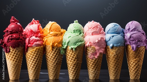 A rainbow of vibrant fruit flavors, from tangy lemon to sweet strawberry, perfectly scooped into a waffle cone ,super realistic,soft shadown