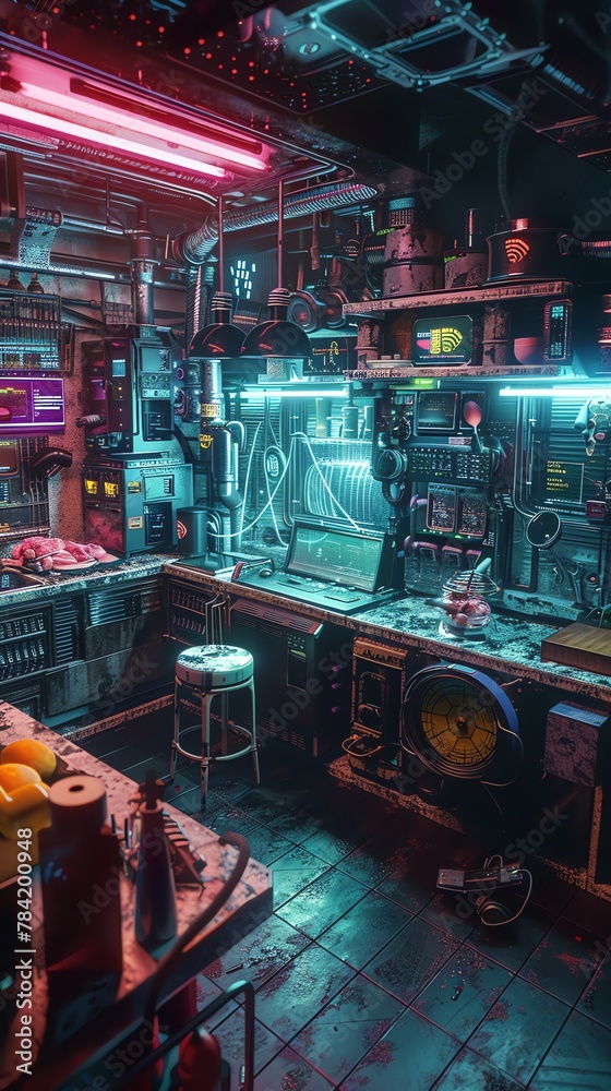 Explore a high-angle view of a post-apocalyptic kitchen scene, blending culinary tools with futuristic machinery, illuminated by stark neon lights in a digital 3D rendering