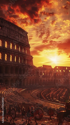 Immerse viewers in a virtual tour of historical Romes Colosseum at dusk, using photorealistic rendering to showcase gladiators in action under dramatic, moody lighting effects photo