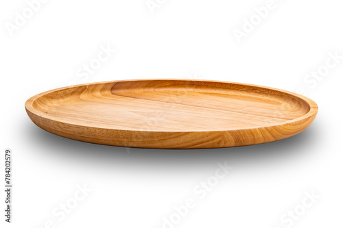 Closeup view of empty new wooden plate isolated on white background with clipping path.