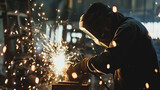 A man in a black jacket is working on a piece of metal with sparks flying. Concept of danger and excitement, as the sparks and heat from the welding process create a dramatic and intense atmosphere