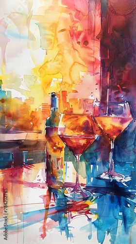 Transform the idea of brush strokes into a stunning watercolor artwork depicting a dining scene with dishes that seem to flow and blend like painted strokes