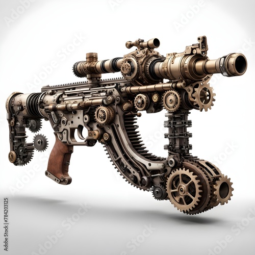 Steampunk assault rifle made of gears and hydraulics with white background