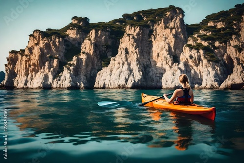 Kayaking. A Woman in a Kayak. Girl Paddling in the Calm Sea water near the rocky coast.