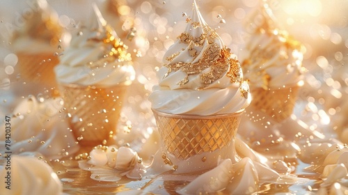 Luxurious ice creams adorned with shimmering gold leaf ,3DCG,high resulution,clean sharp focus