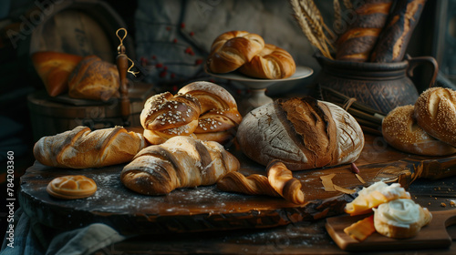 Array of bread and pastry on a rustic wooden surface. 