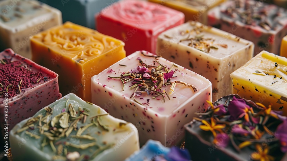 Handmade soap bars in a close-up view, symbolizing a commitment to eco-friendliness and recycling Handmade soap bars in a close-up view, symbolizing a commitment to eco-friendliness and recycling