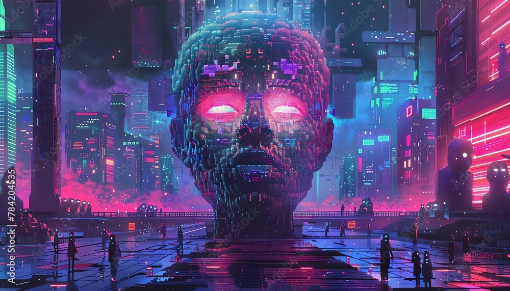 Craft a thought-provoking pixel art piece depicting a frontal view where futuristic technologies clash with dystopian visions through surrealism Sharp, vivid colors mixing with glitched elements, crea - obrazy, fototapety, plakaty 