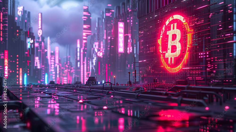 Illuminated bitcoin sign on digital cityscape. 