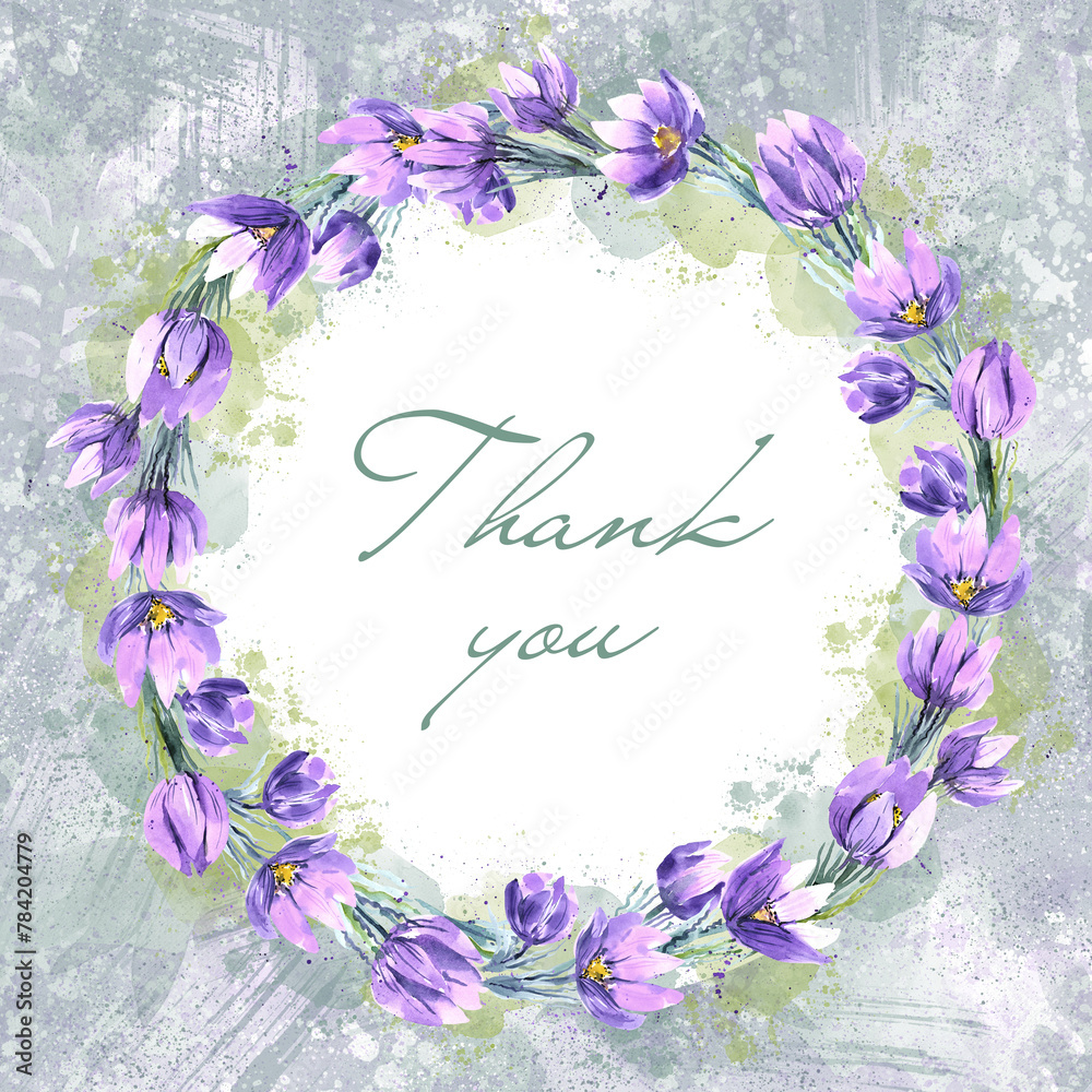 Thank you in the circle with purple snowdrops. A card with a flower circle and the text Thank You, painted in watercolor. Thank you card with botanical illustration, background
