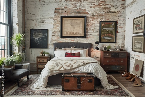 A stylish bedroom with an industrial theme, featuring distressed brick walls and vintage furniture. Ai generated