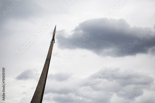 Moscow, Russia - October 20 2020: Monument dedicated to space exploration with rocket at the top at Museum of cosmonautics. photo