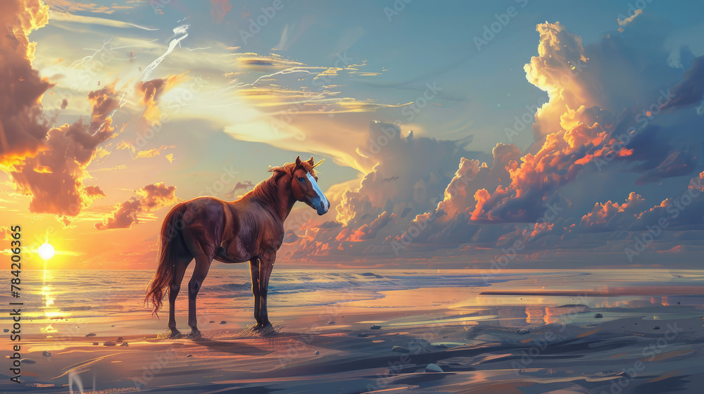 A brown horse standing on top of a sandy beach under a cloudy blue and orange sky with a sunset.