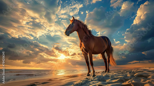 A brown horse standing on top of a sandy beach under a cloudy blue and orange sky with a sunset. © Nhan
