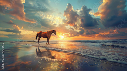 A brown horse standing on top of a sandy beach under a cloudy blue and orange sky with a sunset.