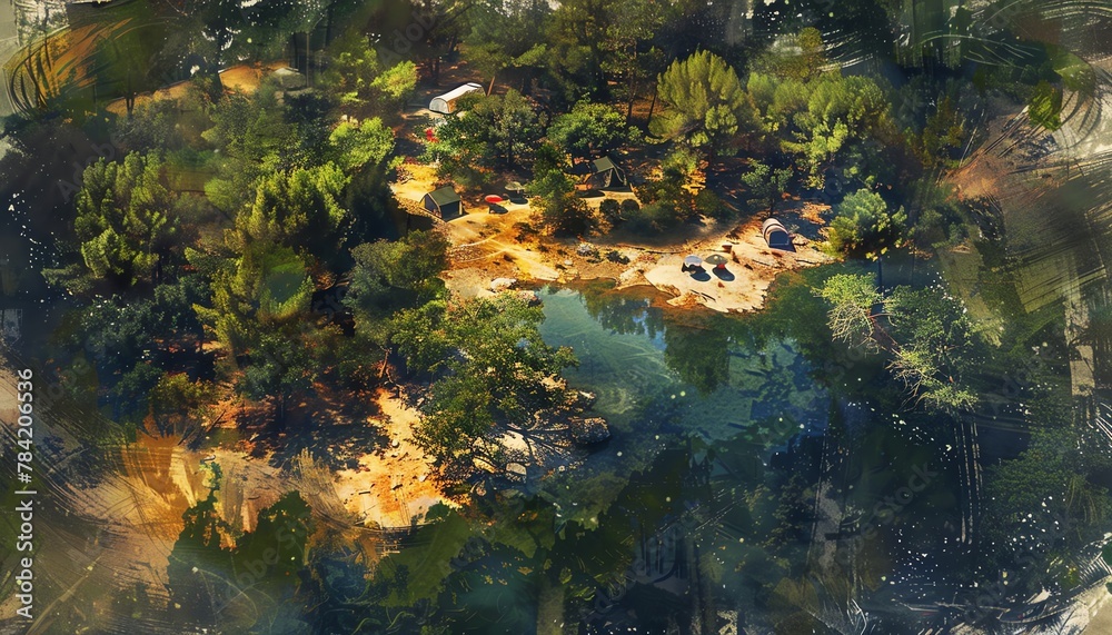 Capture the essence of Impressionism with an aerial view of a lush wilderness camping scene, using soft, blended strokes in a digital rendering technique