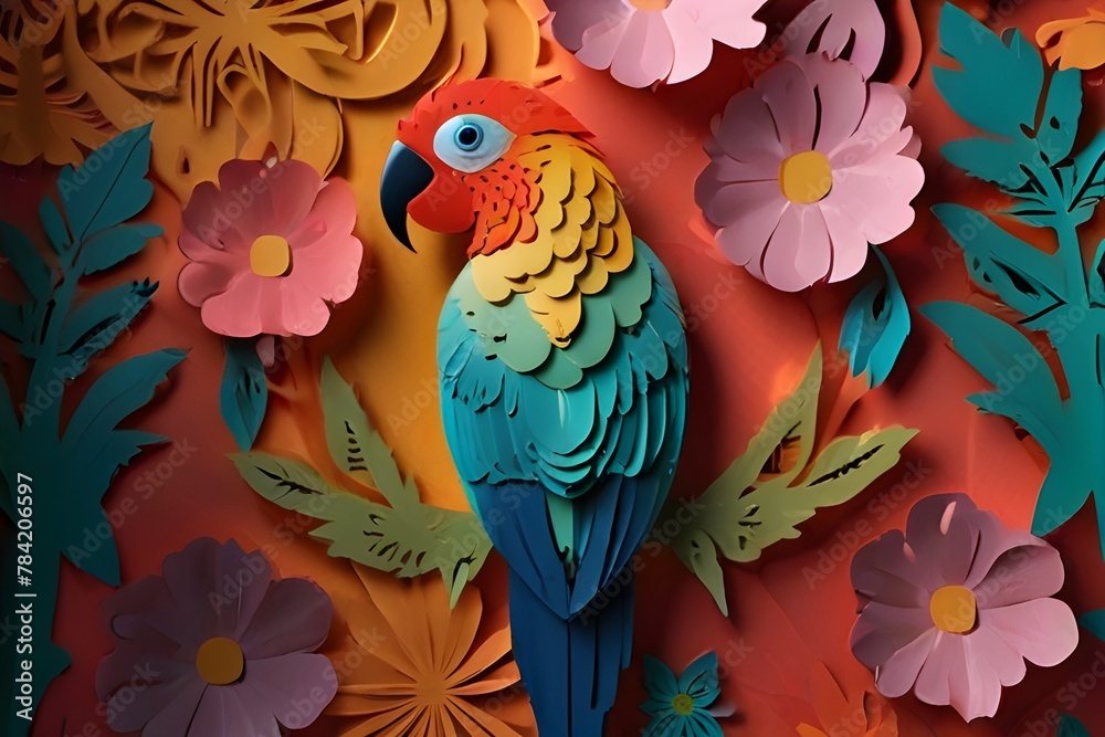 A colorful parrot in a flower background kirigami style