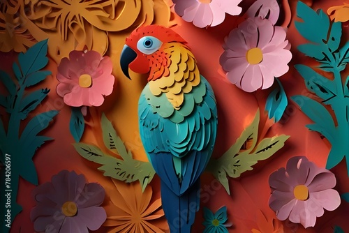 A colorful parrot in a flower background kirigami style