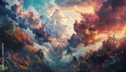 Dive into a dreamlike landscape where reality bends, merging vibrant colors with dark shadows to convey the duality of the mind Utilize traditional art mediums to play with unexpected camera angles, c