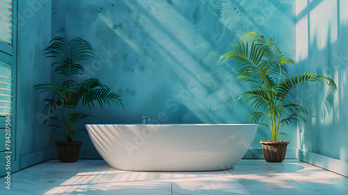 Property with aqua walls, bathtub, palm trees, and terrestrial plants