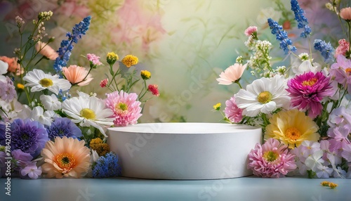podium adorned with vibrant spring flowers, serving as an elegant stand to showcase beauty products against a soft garden floral background 3d texture wallpaper