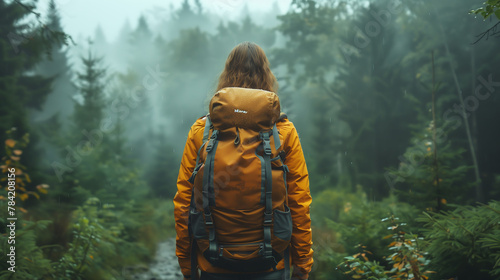 Forest Adventure: Women Hiking trough the Forest With Hiking Backpack